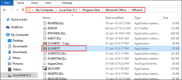 follow the path to locate Outlook file